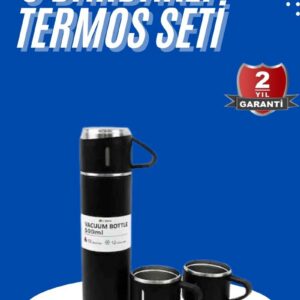 Northcity Termos Seti 3'lü Bardak Seti - Isı Dayanıklı Siyah Paslanmaz Çelik Vakumlu