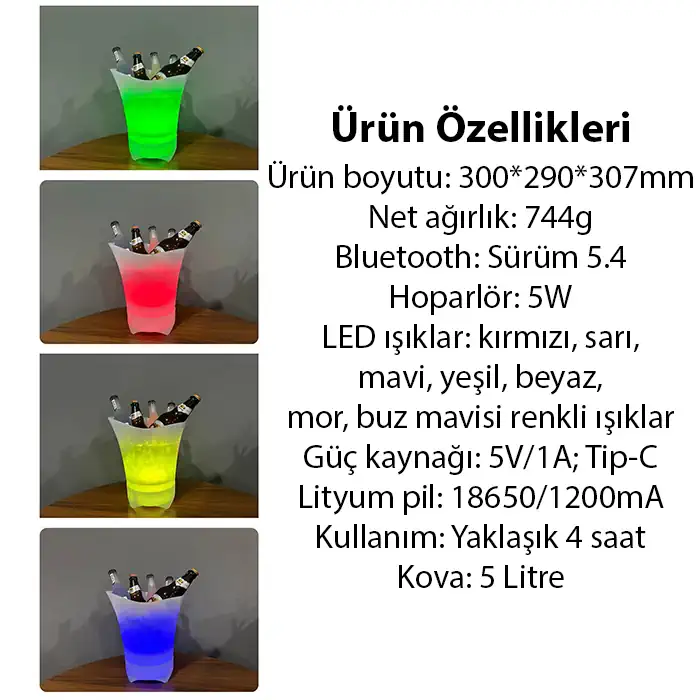 Northcity EZERE Hoparlör Buz kovası 5l Bluetooth Hoparlör Ile Renkli Buz kovası Led-(5775) - Görsel 4